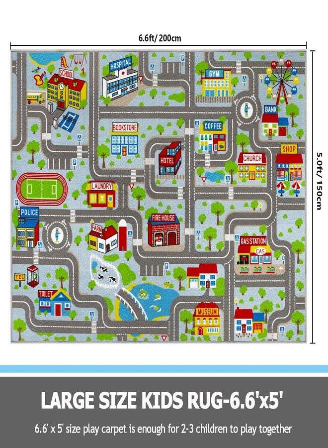 Capslpad Sky Blue Car Road Kid Rug Carpet Playmat for Playoom Traffic Road Kids Play Mat for Toddler Non Slip Washable City Map Race Track Carpet Rug for Kids Room Bedroom Nursery Room Decor,6.6'x5' - Image 2